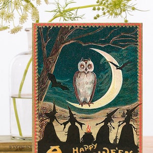 Whimsical Vintage Halloween Art Card ~ Witch Ceramony Around a Cauldron with Bats & Owl on the Crescent Moon ~ Designer High Quality RS019