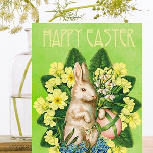 Caprichosa vintage Easter Collage Art Card ~ Conejo de primavera con huevo y flores Prímulas y gotas de nieve ~ Diseñador de alta calidad SP061