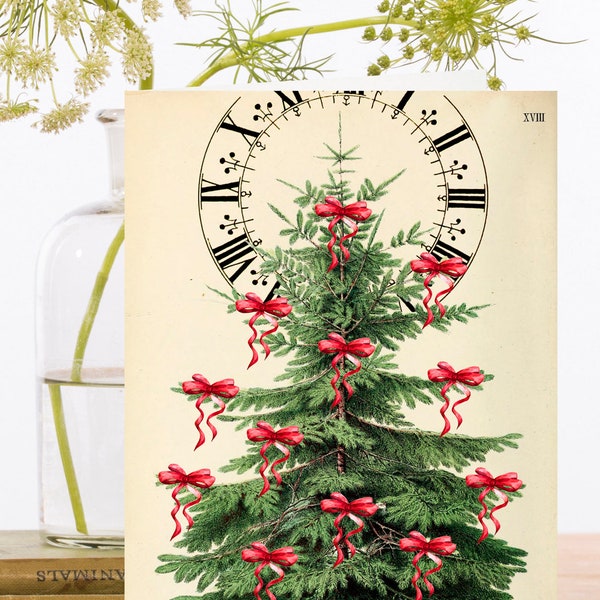 Fantaisie vintage Christmas Holiday Collage Art Card ~ Arbre de pin de Noël avec ruban Arcs Grande horloge ~ Designer haute qualité XM082