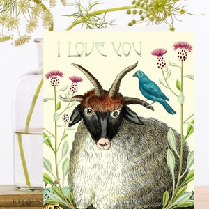 I Love You Vintage Collage Art Card ~ Ram & Blue Bird Purched op zijn hoorn Mooie roze bloemen - Valentine ~ Designer hoge kwaliteit WT030