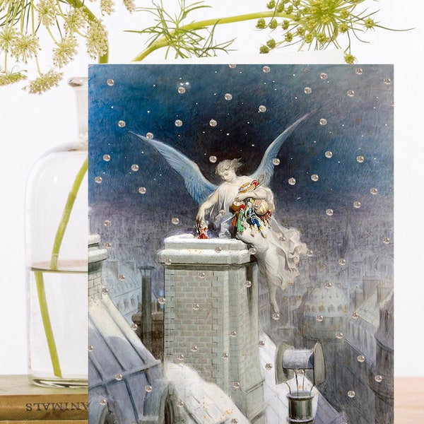 Whimsical Hand Glittered Vintage Christmas Card ~ Guardian Angel Delivering Gifts Down a Cities Chimneys Snow in Winter ~ High Quality GT028