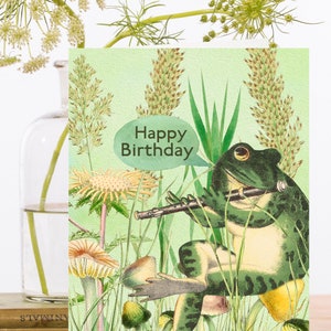 Geburtstag Kunstkarte Vintage Collage ~ Biologisch abbaubare Hülle aus nachhaltigem Material ~ Frosch spielt eine Flöte ~ Designer High Quality HB243