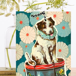 Art fantaisiste Hanging Fandangle Blank Card vintage Collage ~ Jack Russell ~ Terrier Dog ~ Drum Floral ~ Designer ~ Haute qualité FD020