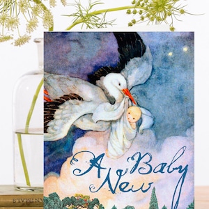 Grillige Vintage Collage Art Card ~ Duurzaam geproduceerd materiaal Biologisch afbreekbare hoes ~ Stork Baby leveren ~ Designer Hoge kwaliteit WT026