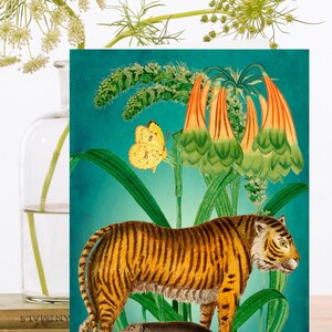 Fantaisie vintage Collage Art Card ~ Tiger & Butterfly Botanical Flowers Nature ~ Designer Haute Qualité RS174
