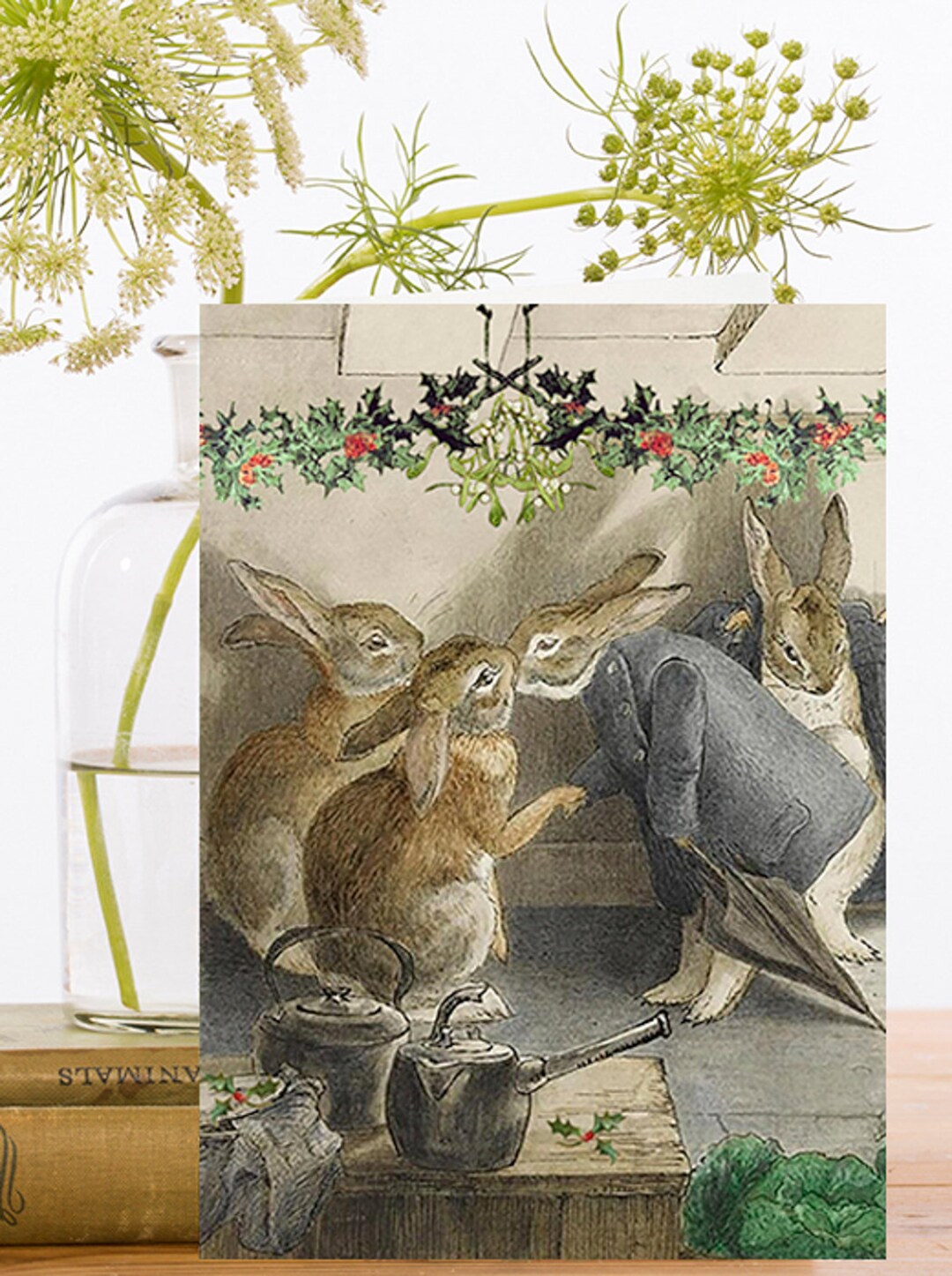 Whimsical Christmas Card Under the Mistletoe Rabbits at Home With Holly ...