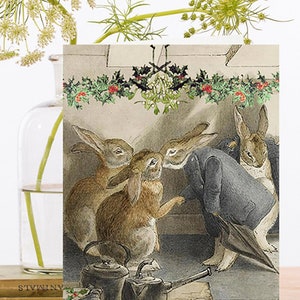 Carte de Noël fantaisiste ~ Sous le gui - Lapins à la maison avec décoration holly ~ Designer scintillant à la main XM089