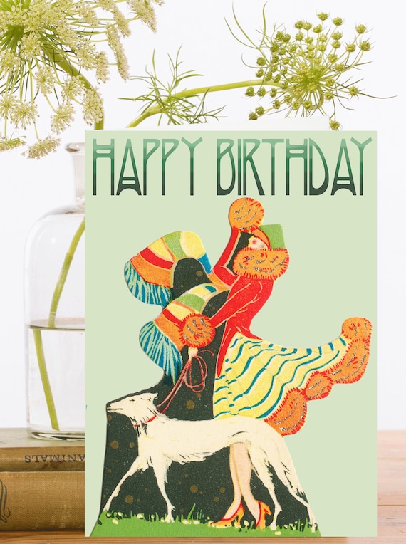 Hand Glittered Vintage Birthday Art Card 1920s Lady Colourful Stripe Fur  Dress Wind Blown Scarf White Dog Designer High Quality HB123