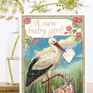 Vintage nieuwe baby collage kunstkaart ~ ooievaar leveren baby meisje langs de rivier, riet en de hemel ~ ontwerper hoge kwaliteit WT020