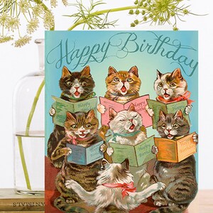 Birthday Art Card Vintage Collage ~ Sustainably Sourced Material Biodegradable Sleeve ~ Cats Choir Singing Cats Designer High Quality HB087