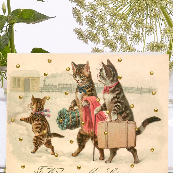 Christmas Little Vintage Art Card ~ Sustainably Sourced Material Biodegradable Sleeve ~ Snow Cats ~ Designer High Quality VT002