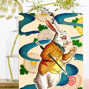 Excêntrico vintage pendurado fandangle colagem cartão de arte ~ alice no país das maravilhas coelho branco com seu relógio ~ designer de alta qualidade fd030