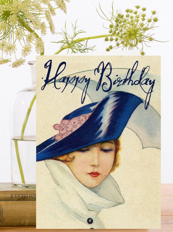 Birthday Art Card Vintage Collage ~ Sustainably Sourced Material  Biodegradable Sleeve~ Art Deco Lady Hat Parasol~Designer High Quality HB207