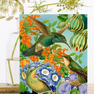 Carte d’art vintage scintillante à la main fantaisiste ~ Colibris exotiques Fleurs de gemme botanique ~ Designer haute qualité GT006