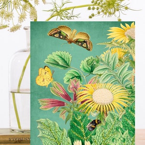 Carte d’art vintage scintillante à la main fantaisiste ~ Fleurs roses jaunes d’été Papillon et abeille ~ Designer haute qualité RS164