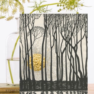 Carte d’art de collage vintage fantaisiste ~ Manchon biodégradable de matériaux d’origine durable ~ Forêt sombre et soleil couchant ~ Designer de haute qualité RS249