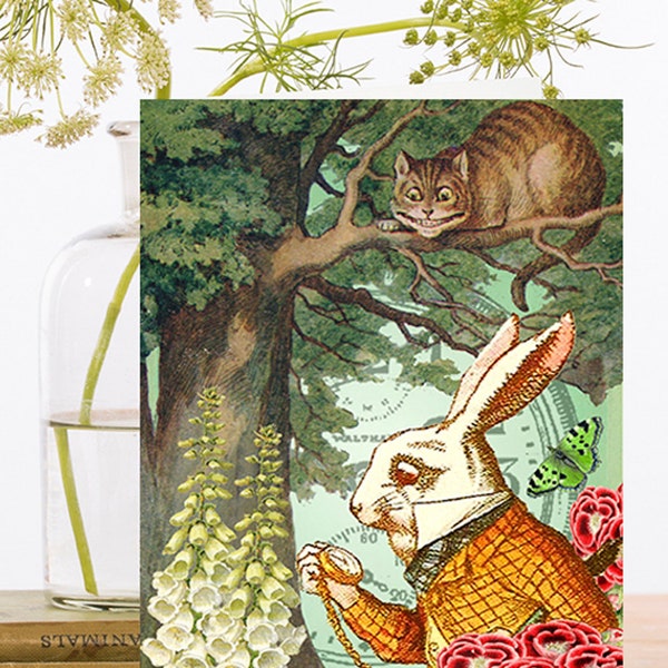 Whimsical Vintage Alice in Wonderland Collage Art Card ~ Cheshire Cat & White Rabbit With Foxgloves, Geraniums ~ Designer High Quality AW003