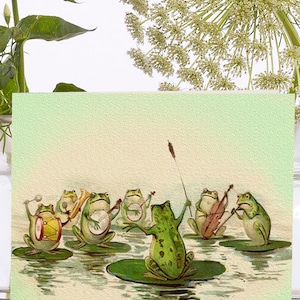 Whimsical Little vintage Art Card ~ Matériau d’origine durable Manche biodégradable ~ Bande de grenouille sur nénuphars ~ Designer de haute qualité VT092