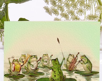 Whimsical Little Vintage Art Card ~Sustainably Sourced Material Biodegradable Sleeve ~ Frog Band on Lily Pads ~ Designer High Quality VT092
