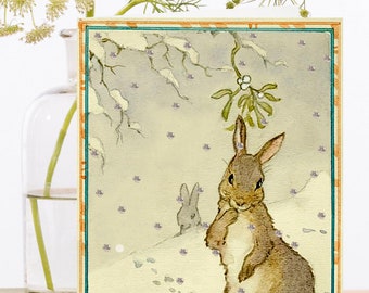 Carte d'art de Noël vintage scintillante à la main lunatique ~ lapin dans la neige épaisse sous le gui dans l'arbre ~ Designer de haute qualité GT009