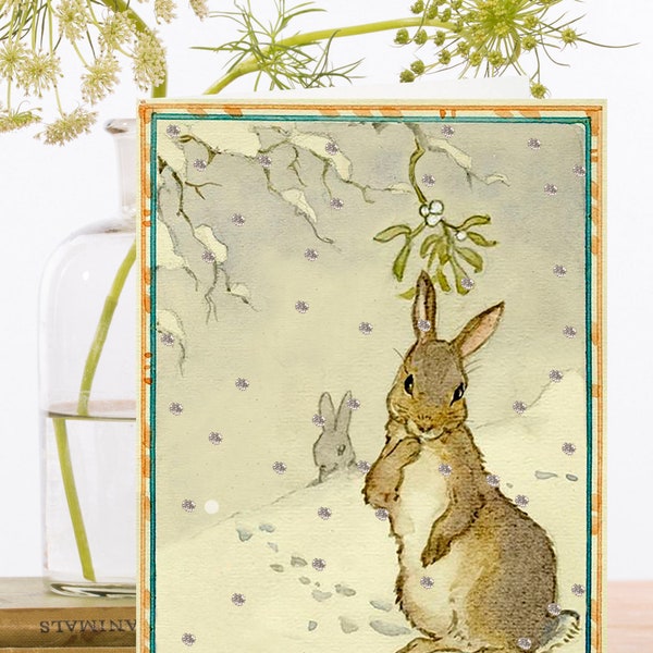 Whimsical Hand Glittered Vintage Christmas Art Card ~ Rabbit's in Thick Snow Under Mistletoe in Tree ~ Designer High Quality GT009