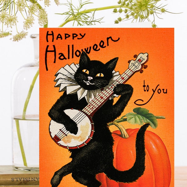 Whimsical Vintage Happy Halloween Art Card ~ Black Cat Wearing Ruff Collar Playing Banjo with Big Pumpkin ~ Designer High Quality HW002