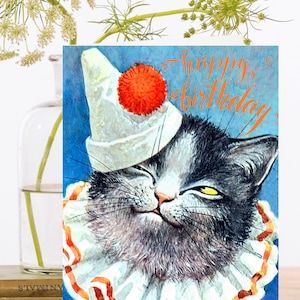 Verjaardag Art Card Vintage Collage ~ Duurzaam geproduceerd materiaal Biologisch afbreekbare mouw Black & White Cat Hat ~ Designer Hoge kwaliteit HB106