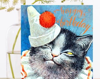 Birthday Art Card Vintage Collage ~ Sustainably Sourced Material Biodegradable Sleeve  Black & White Cat Hat  ~ Designer High Quality HB106