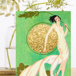 Carte d'art collage vintage fantaisiste ~ manchon biodégradable en matériau de source durable ~ déesse grecque avec soleil ~ designer haute qualité RS248