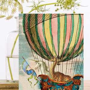 Carte d'art de collage vintage fantaisiste ~ Manchon biodégradable en matériau d'origine durable ~ Licorne et montgolfière ~ Designer de haute qualité RS227