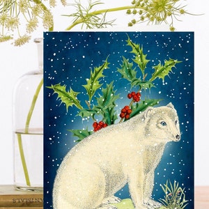 Christmas Holiday Art Card~ Vintage Collage Whimsical Art ~ White Snow Fox con Holly, Red Berries & Snow ~ Designer Alta Qualità XM102