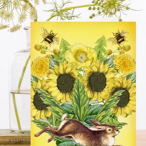 Vintage Collage Art Karte ~ Sommerlich springender Hase Gelbe Sonnenblumen Pusteblumen & Honigbienen ~ Designer High Quality RS015