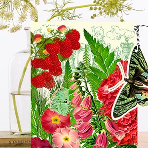 Fantaisiste vintage Hanging Fandangle Collage Art Card ~ Papillons Fleurs Roses Foxgloves Japanese Wineberry ~ Designer Haute Qualité FD006