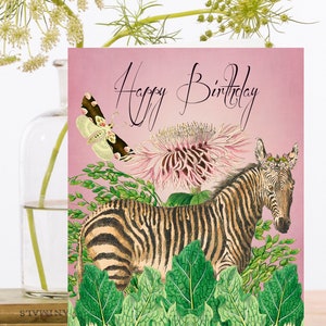 Collage vintage de carte d'art d'anniversaire ~ manchon biodégradable de matériau d'origine durable ~ zèbre et papillons ~ Designer de haute qualité HB219