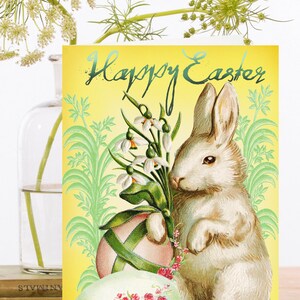 Fantaisie vintage Easter Collage Art Card ~ Bunny Rabbit Easter Eggs Snowdrop Bouquette ~ Designer Haute Qualité SP042