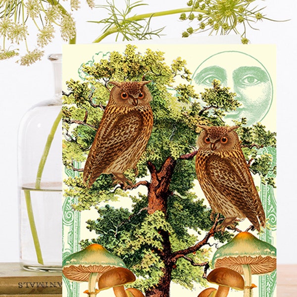 Whimsical Vintage Collage Art Card ~Sustainably Sourced Material Biodegradable Sleeve~Owls&Tree Mushrooms, Moon~ Designer High Quality RS107