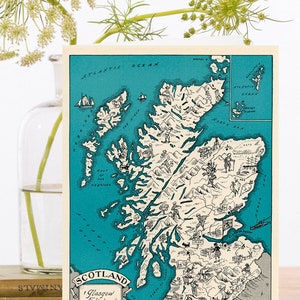 Tarjeta de arte de felicitación en blanco ~ Mapa vintage de Escocia de la década de 1930, montañas, pesca, caza ~ Diseñador de alta calidad MP002