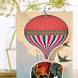 Grillige Vintage hangende Fandangle Collage Art Card ~ Carnaval Boho Heteluchtballon Olifant & Zwaluwen ~ Designer Hoge Kwaliteit FD016