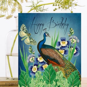 Collage vintage de carte d'art d'anniversaire ~ manchon biodégradable de matériau d'origine durable ~ paon et papillon ~ concepteur de haute qualité HB220