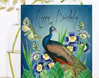 Tarjeta de arte de cumpleaños Vintage Collage ~ Material de origen sostenible Manga biodegradable ~ Pavo real y mariposa ~ Diseñador de alta calidad HB220