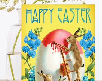 Whimsical Easter Vintage Collage Art Card ~ Spring Flowers Bunny Rabbits Painting Egg ~ Designer High Quality SP023