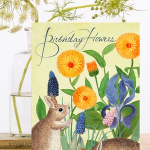 Cartão de arte de aniversário colagem vintage ~ material de origem sustentável manga biodegradável ~ dois coelhos em flores ~ designer de alta qualidade HB23