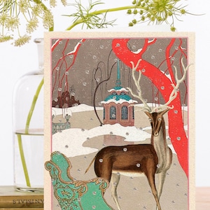 Stravagante Vintage Hand Glittered Christmas Art Card ~ Renna orientale e slitta reale accanto a un albero rosso ~ Designer di alta qualità GT029