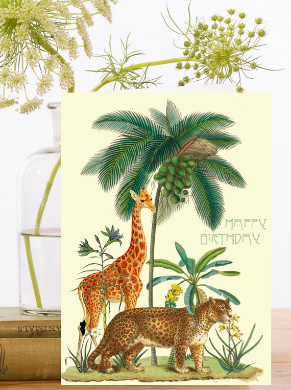Birthday Art Card Vintage Collage ~ Sustainably Sourced Material Biodegradable Sleeve ~ Island Giraffe Leopard ~ Designer High Quality HB192 Birthday Art Card Vintage Collage ~ Sustainably Sourced Material Biodegradable Sleeve ~ Island Giraffe Leopard ~ Designer High Quality HB192