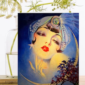 Biglietto d'arte di compleanno vintage glitterato a mano ~ 1920s Flapper Girl In Flamboyant Headdress Crescent Moon ~ Designer di alta qualità HB168