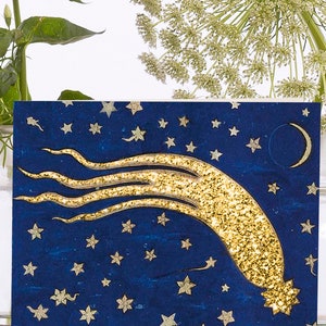 Grillige kleine Vintage Art Card ~ duurzaam geproduceerd materiaal biologisch afbreekbare mouw glitter ~ Golden Comet ~ ontwerper hoge kwaliteit VT094