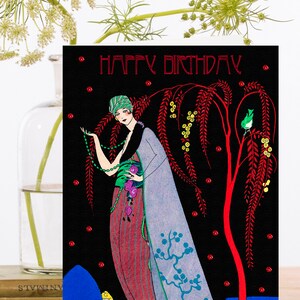 Verjaardag Art Card Vintage Collage ~ Duurzaam geproduceerd materiaal biologisch afbreekbare mouw ~ Art Deco Lady&Red Tree ~ Designer Hoge kwaliteit HB232
