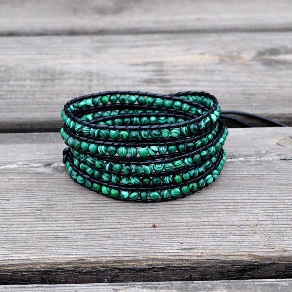 Malachite Bracelet Malachite Green Wrap Bracelet Beaded Bracelet Leather Wrap Bracelet Wedding Jewelry Wedding Bracelet