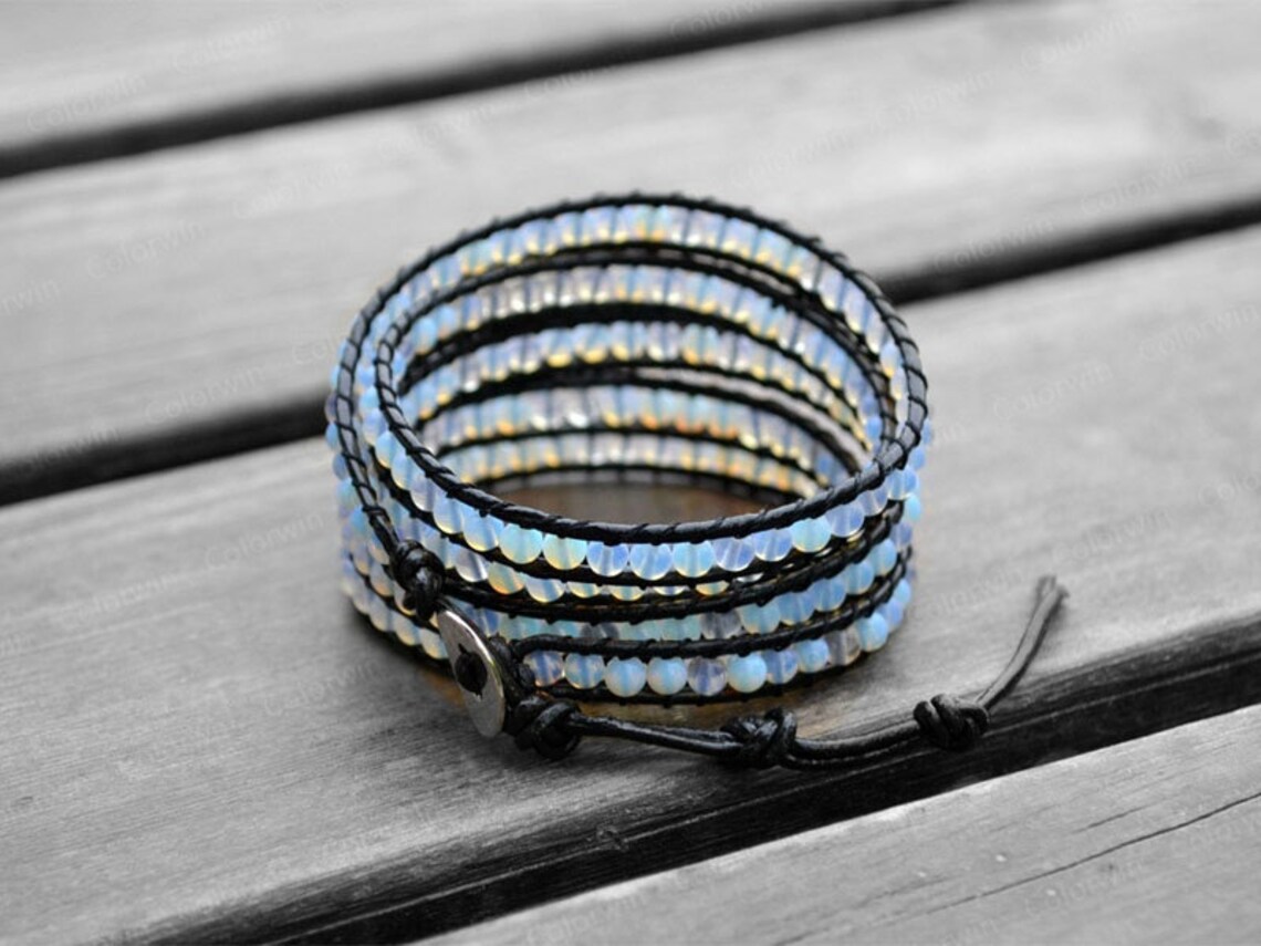 Blue Leather Bracelet Beaded Bracelet Leather Wrap Bracelet Etsy