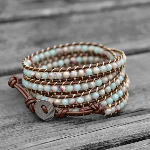 Leather Bracelet Beaded Wrap Bracelet Leather Wrap Bracelet 4mm Beaded Bracelet Bridesmaid Bracelet Christmas Bracelet